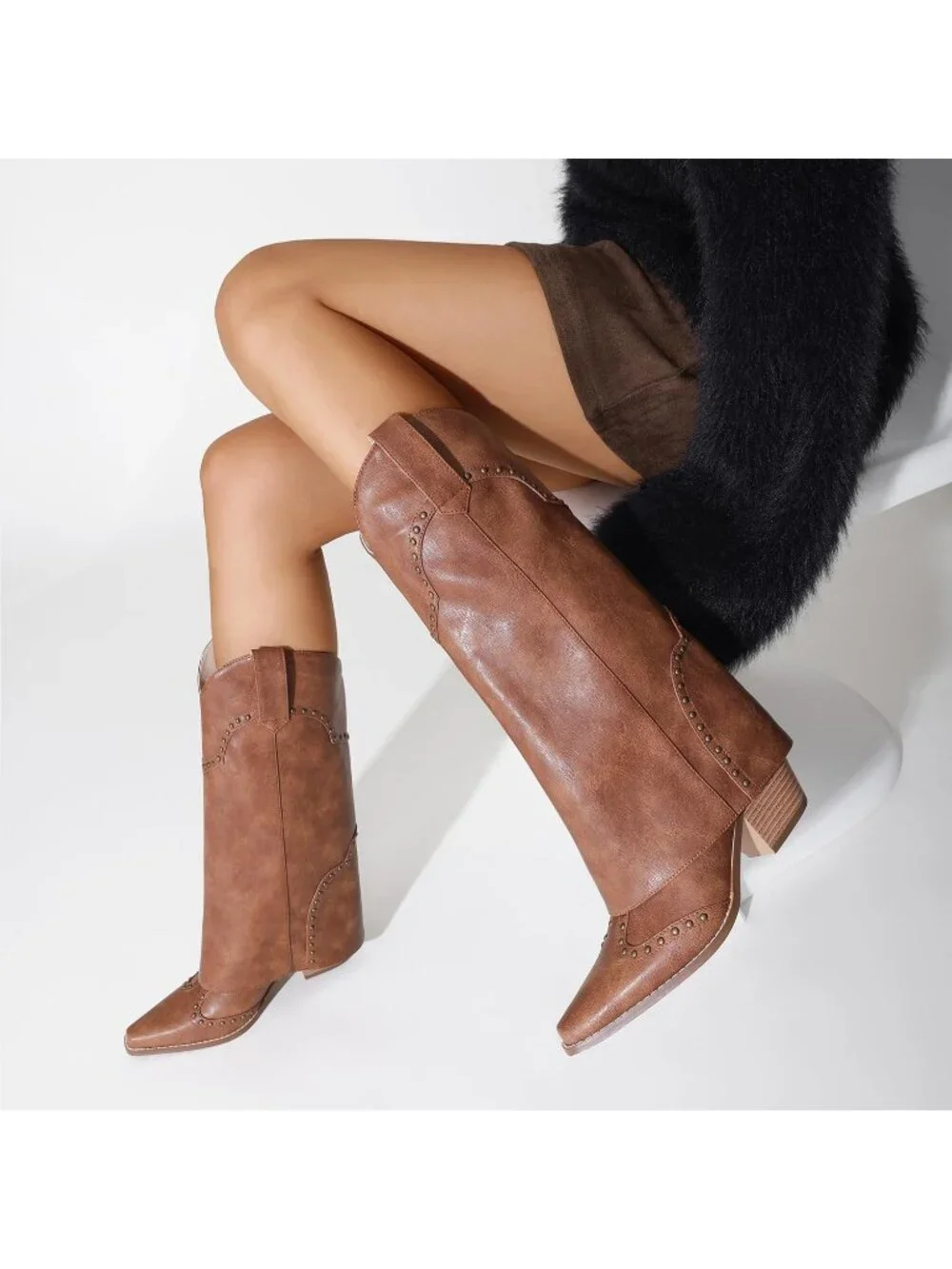 Women's Brown Chunky Heel Snip Toe Fold Over Cowgirl Knee High Shark Boots
